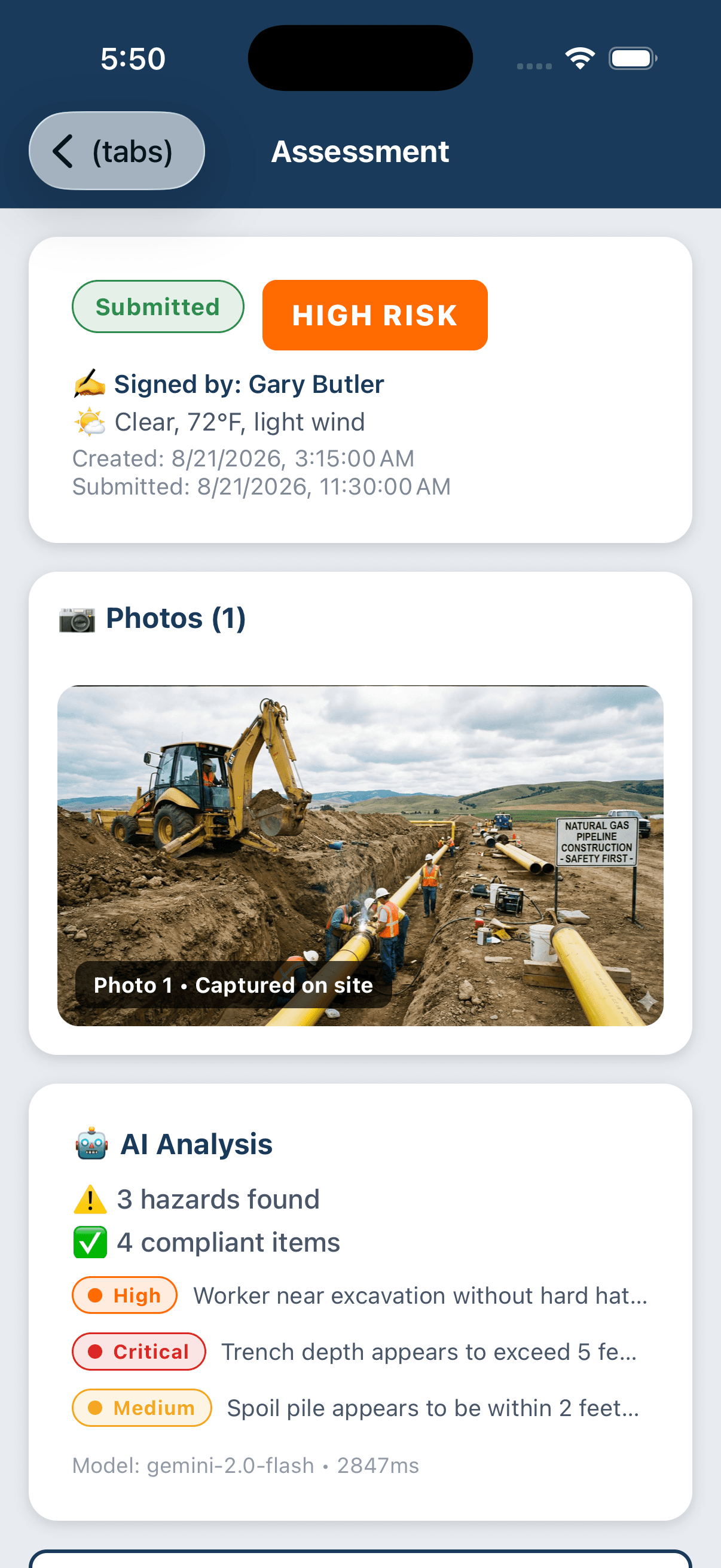 HazardAI assessment showing a captured natural-gas pipeline construction photo and an AI summary of three hazards